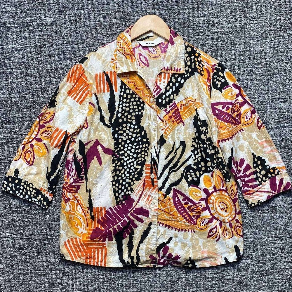 Alia Button Up Shirt Womens XL Multicolor Abstract Patchwork Floral Y2K Blouse